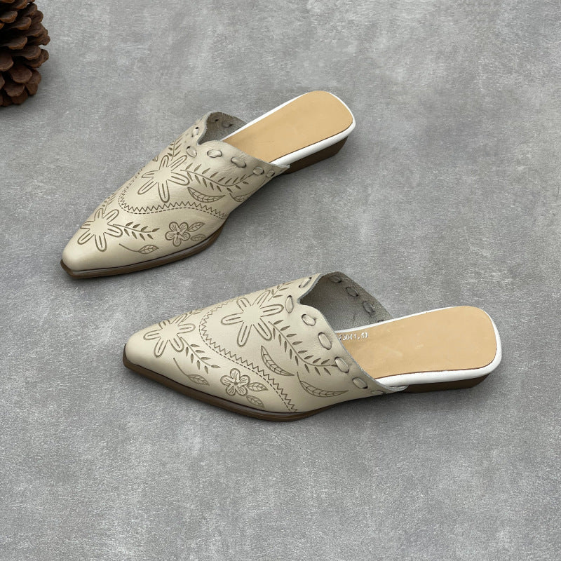 Women's Embossed Leather Mules – Vintage Bohemian Pointed-Toe Floral Slides