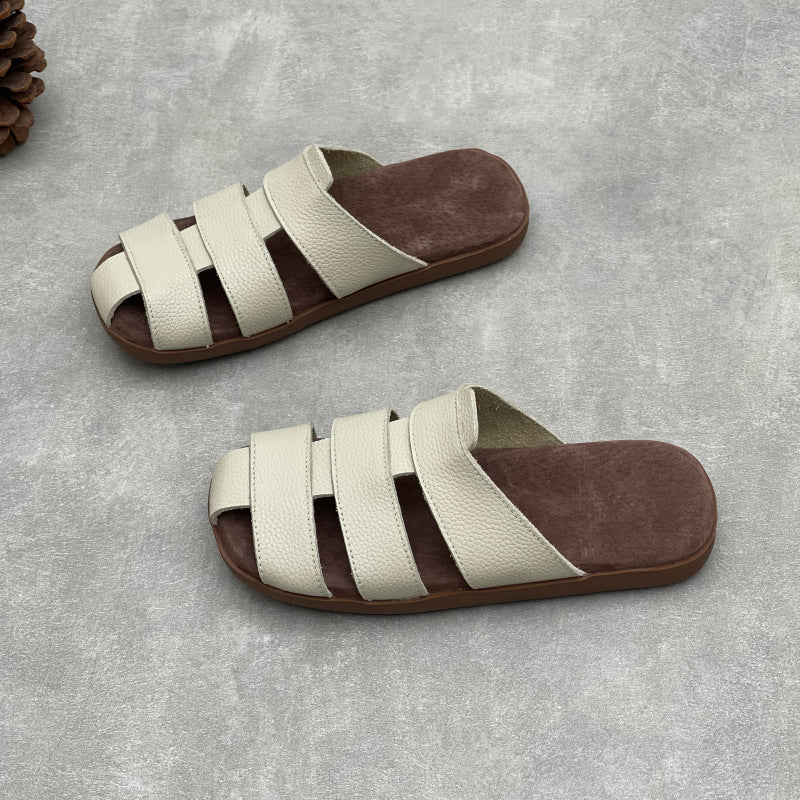 Artisanal Woven Leather Summer Slides - Minimalist Round Toe Cowhide Mules - Breathable Flat Footwear
