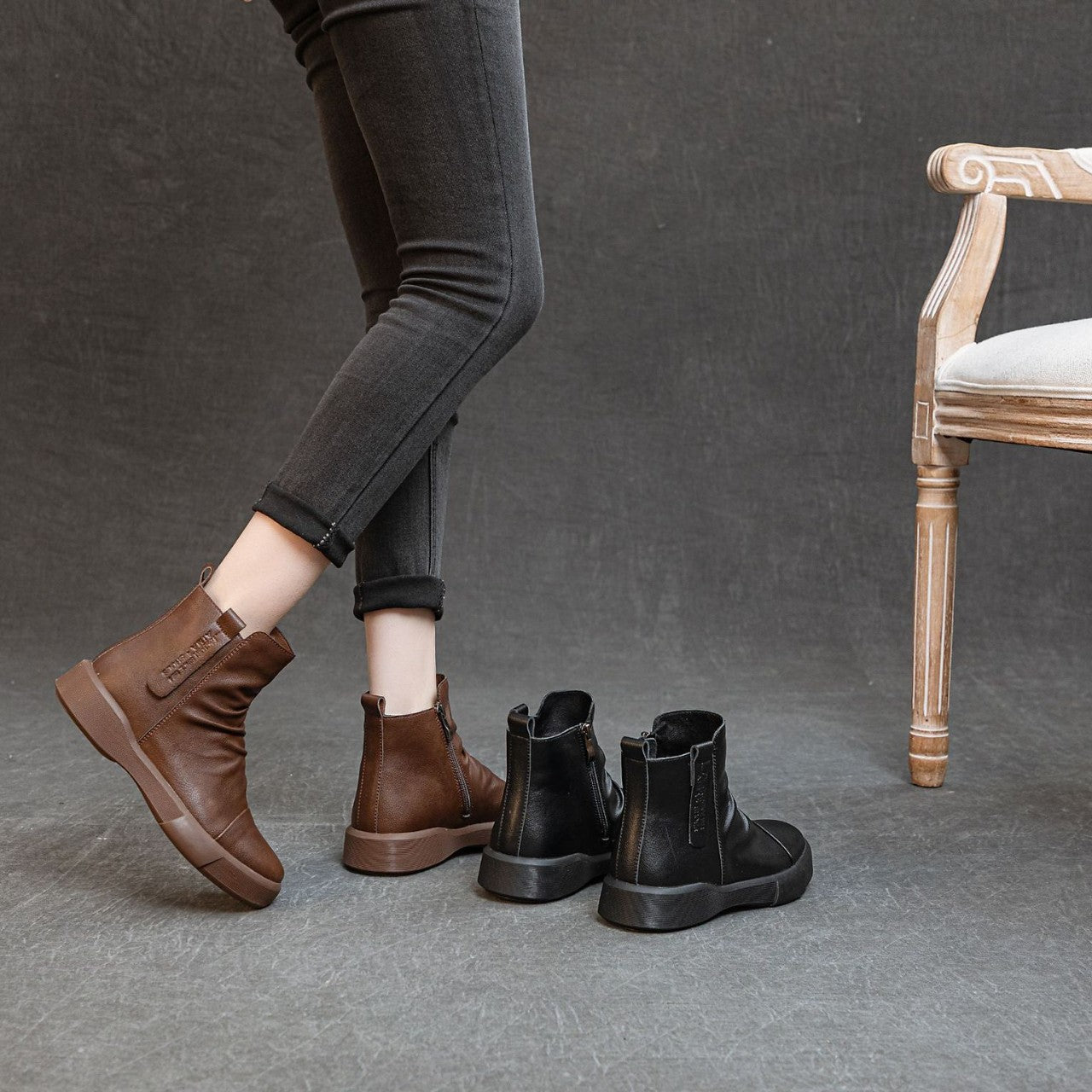 Comfortable Women's Flat Leather Boots – Casual Ruched Ankle Style