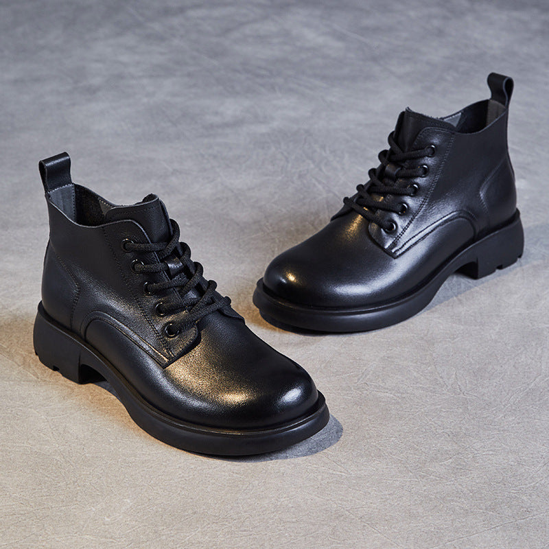Women's Genuine Leather Casual Ankle Boots – Round Toe with Side Zipper