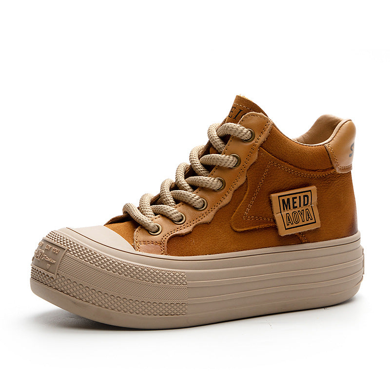 Women’s Leather Patchwork Lace-Up High-Top Shoes – Platform Casual Sneakers