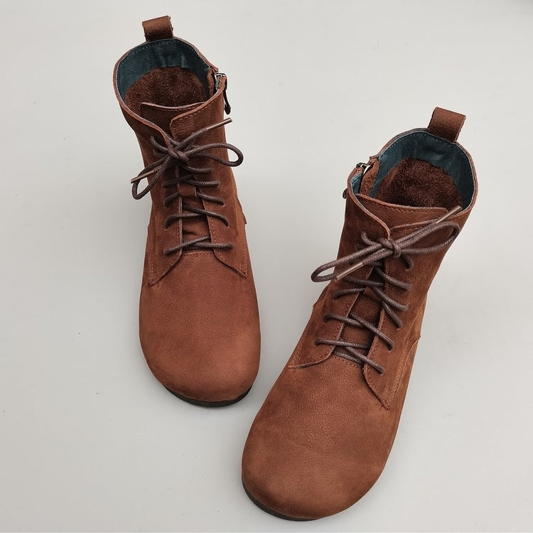 Women's Handmade Vintage Leather Lace-Up Flat Boots – Soft Sole, Breathable & Comfortable