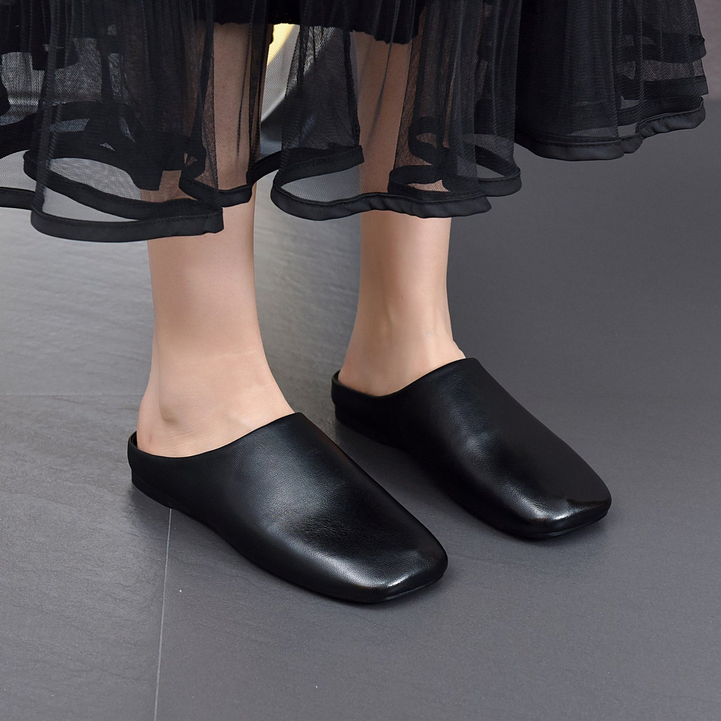 Women's Minimalist Square Toe Leather Slides - Zen Style Summer Mules Flat
