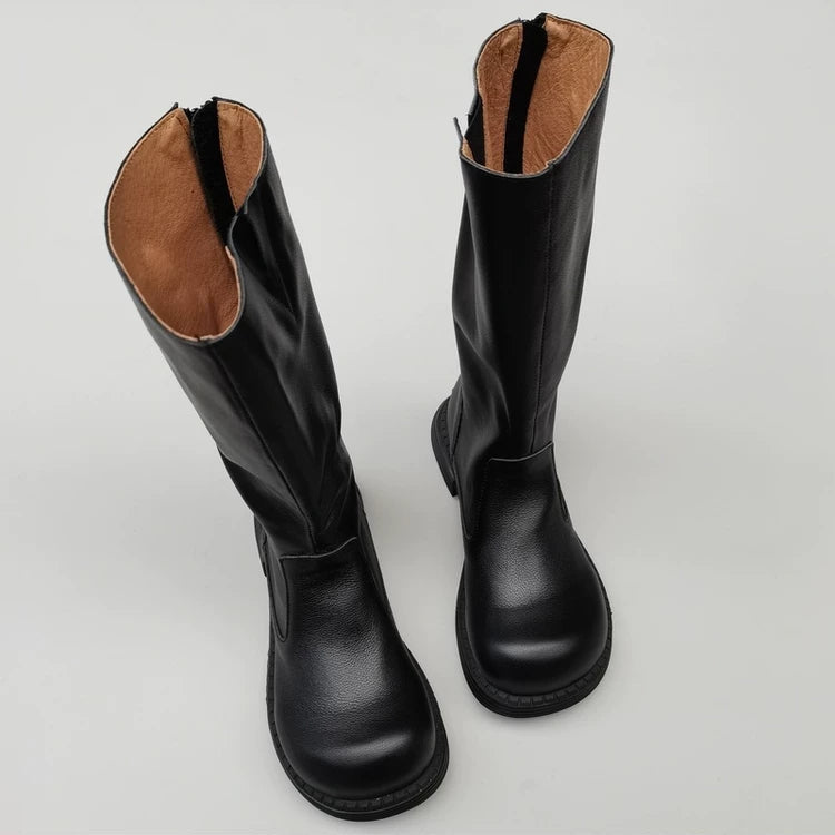 Wide-toe Box Handmade Genuine Leather Women's Mid Calf Boots Black Zipper