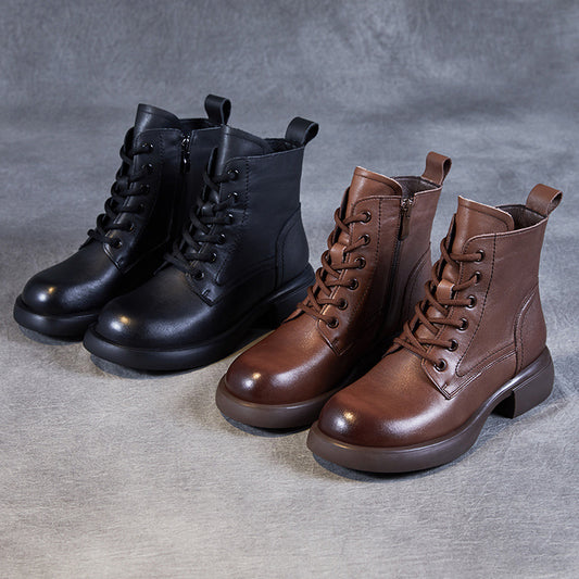 Women's Genuine Leather Lace-Up Side Zip Ankle Boots – Casual & Versatile