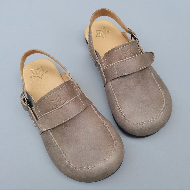 Women's Leather Sandals - Vintage Contrast Stitching Flexible Slip-On Mule Slides with Slingback Strap