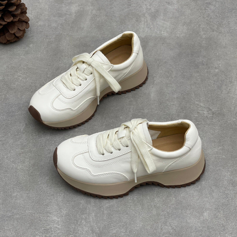 Women’s Retro Leather Chunky Dad Trainers – Round Toe Lace-Up Casual Sneakers