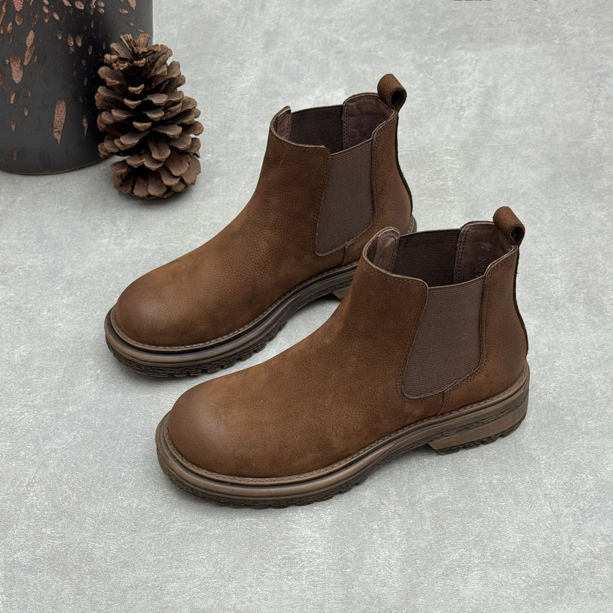 Women's Top-Grain Leather Chelsea Ankle Boots Slip On Low Platform Heel Booties