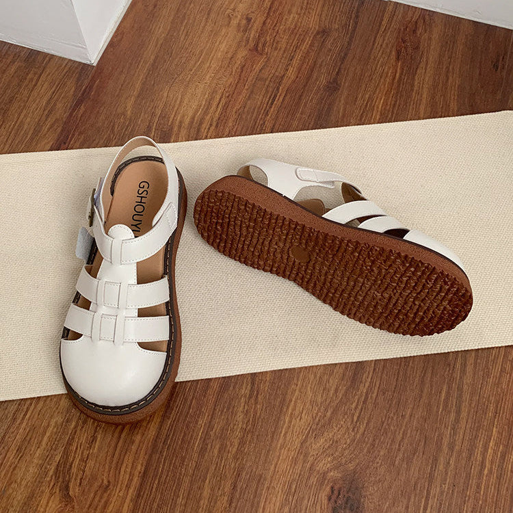 Women's Casual Closed-Toe Flat Roman Sandals with Velcro Straps