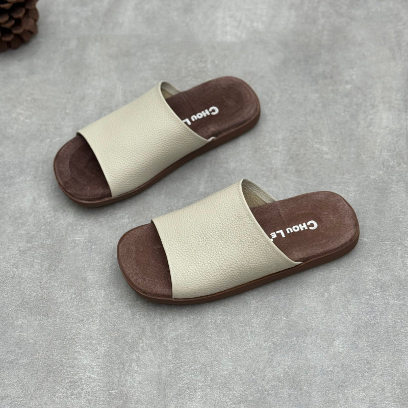 Women's Minimalist Pebbled Leather Mules - Luxury Raw-Cut Summer Slides