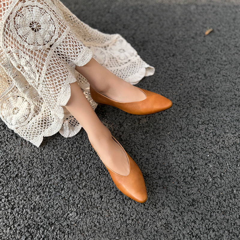Women's Premium Leather Ballet Flats - V-Cut Pointed Toe Shoes Lightweight Spring Summer Shoes
