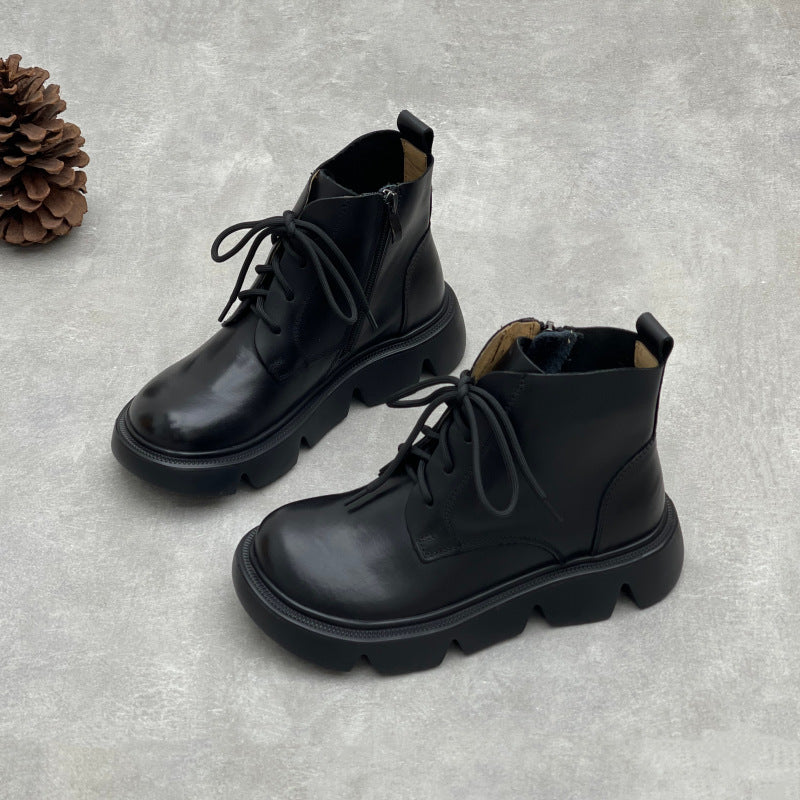 Women's Vintage Leather Platform Ankle Boots – Lace-Up Zipper Style