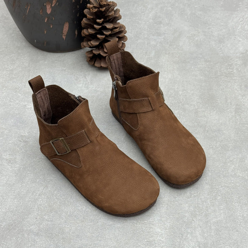 Women's Vintage Top-Grain Leather Ankle Boots Slip On Buckle Strap Flat Booties