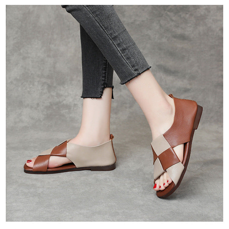 Women's Handmade Leather Open Toe Slip-On Flat Sandals