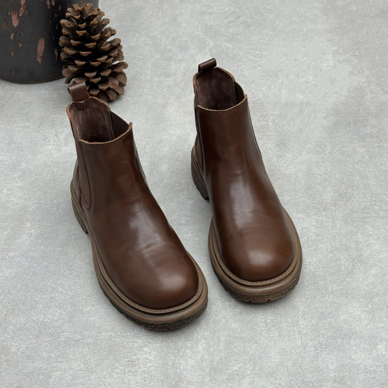 Women's Washed Leather Chelsea Ankle Boots Slip On Low Platform Heel Booties