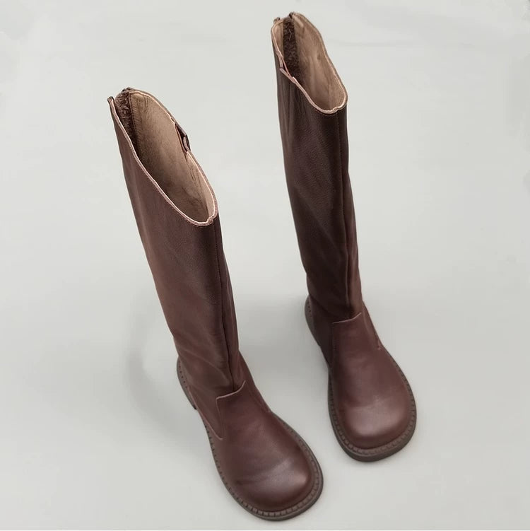 Women's Wide Toe Box Genuine Leather Knee High Boots British Style Riding Boots