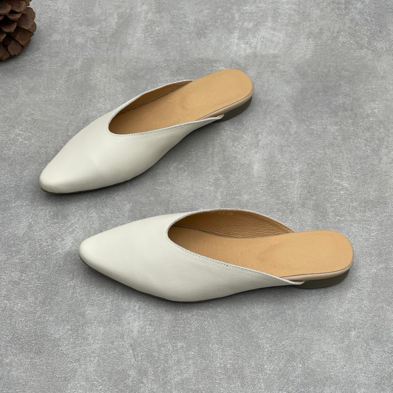 Women's Pointed Toe Leather V-Cut Mules - Unlined Minimalist Flat Slides