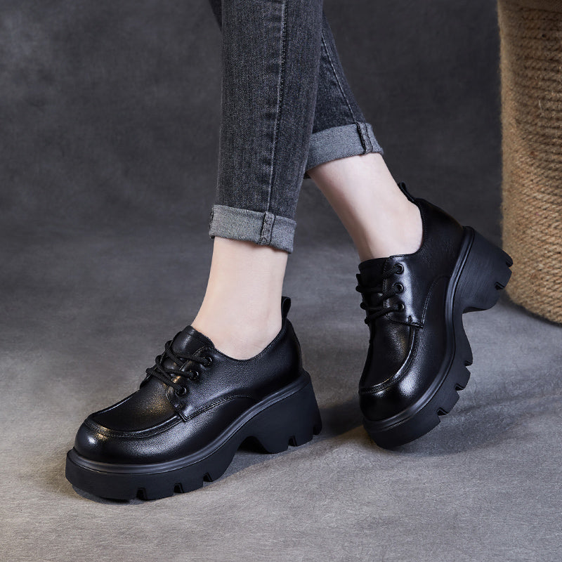 Women's Leather Chunky Heel Lace-Up Oxfords