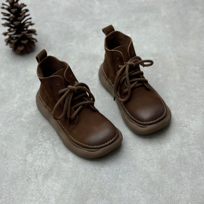 Retro Style Women's Soft Leather Ankle Boots – Platform Lace-Up Short Boots
