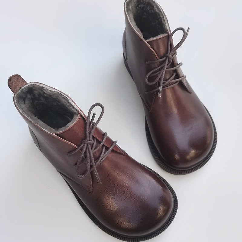 Women's Vintage Wide Toe Leather Boots – Handmade Wool Lined Short Boots