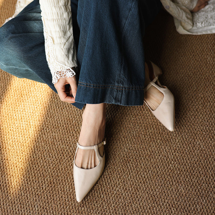Women's Sheepskin T-Strap Mules - Pointed Toe Mid Block Heel Pumps-