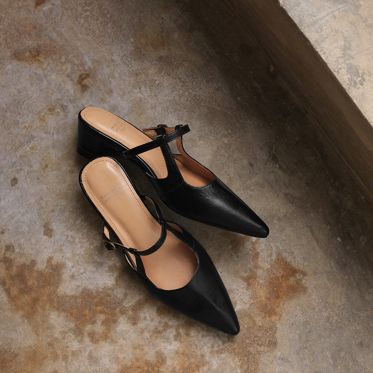 Women's Sheepskin T-Strap Mules - Pointed Toe Mid Block Heel Pumps-