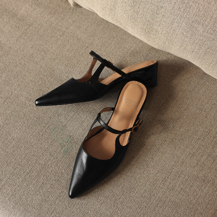 Women's Sheepskin T-Strap Mules - Pointed Toe Mid Block Heel Pumps-