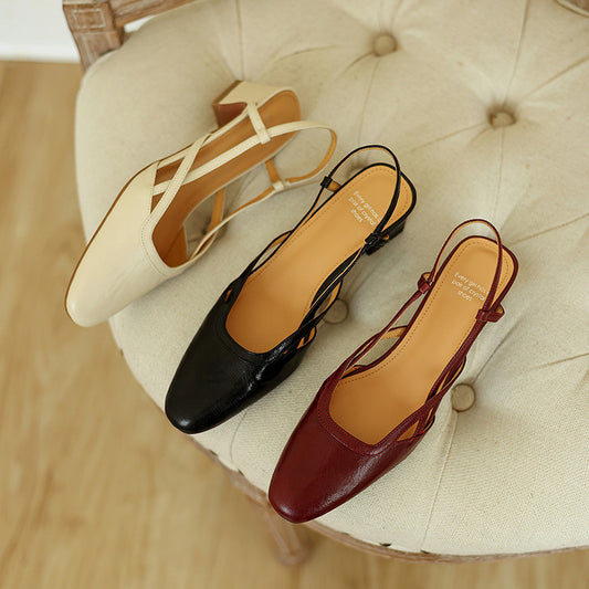 Women's Handmade Leather Classic Retro Slingback Mid Heel Block Sandals