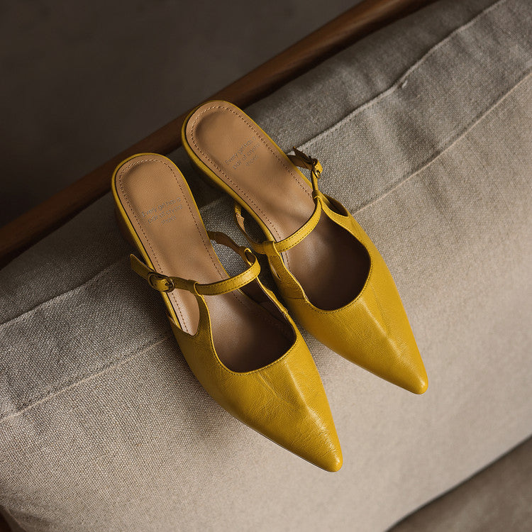 Women's Sheepskin T-Strap Mules - Pointed Toe Mid Block Heel Pumps-