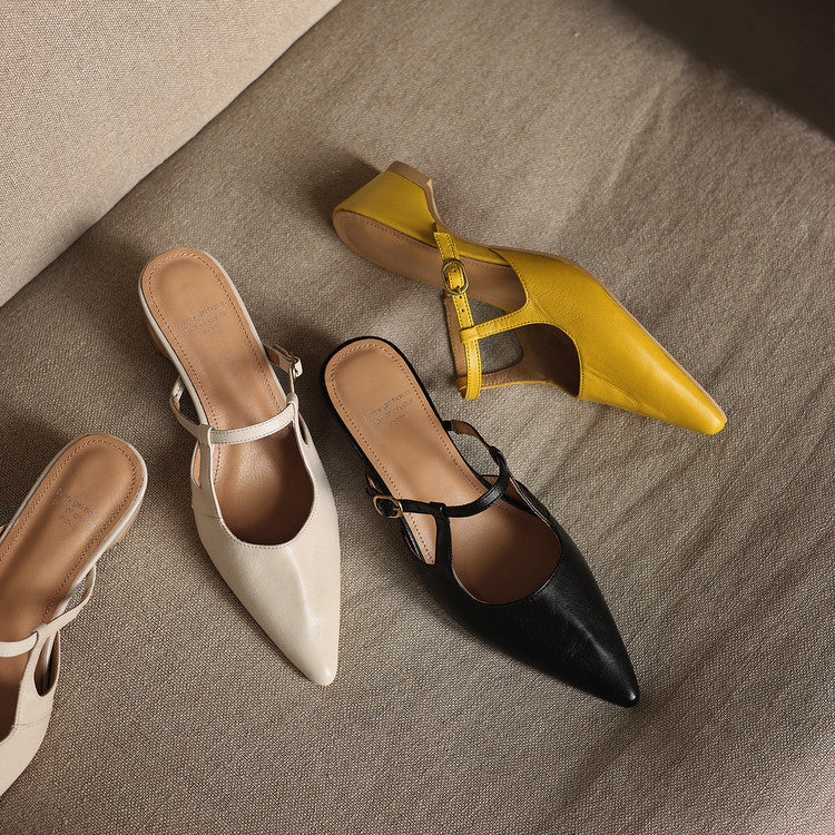 Women's Sheepskin T-Strap Mules - Pointed Toe Mid Block Heel Pumps-