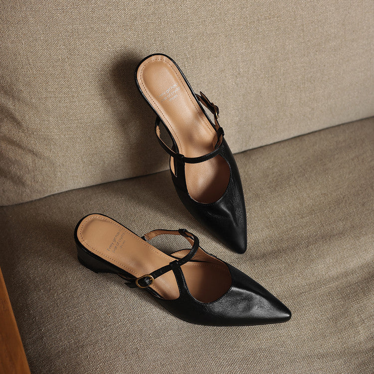 Women's Sheepskin T-Strap Mules - Pointed Toe Mid Block Heel Pumps-