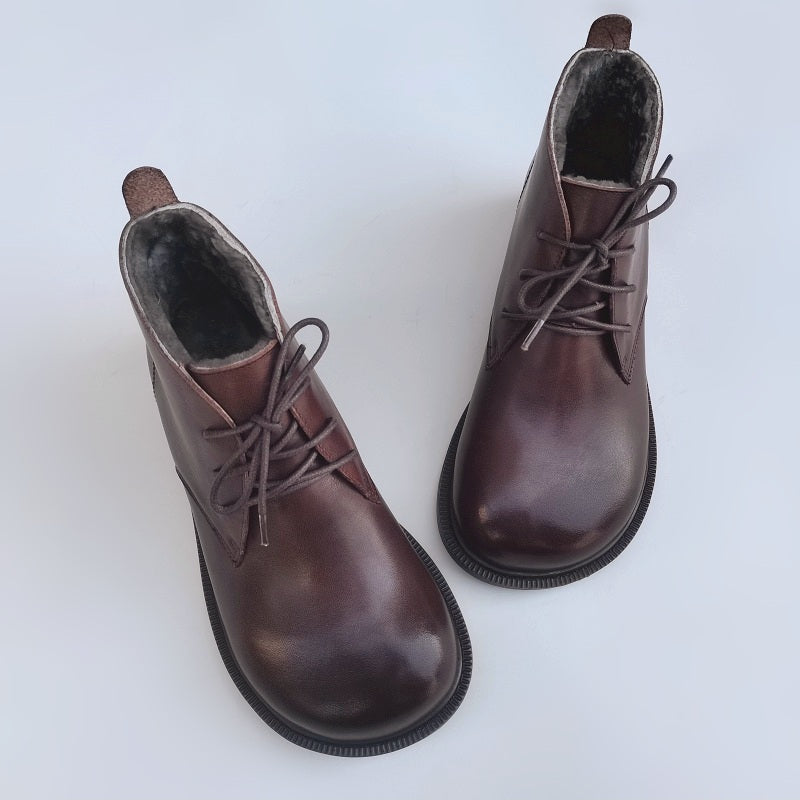 Women's Vintage Wide Toe Leather Boots – Handmade Wool Lined Short Boots