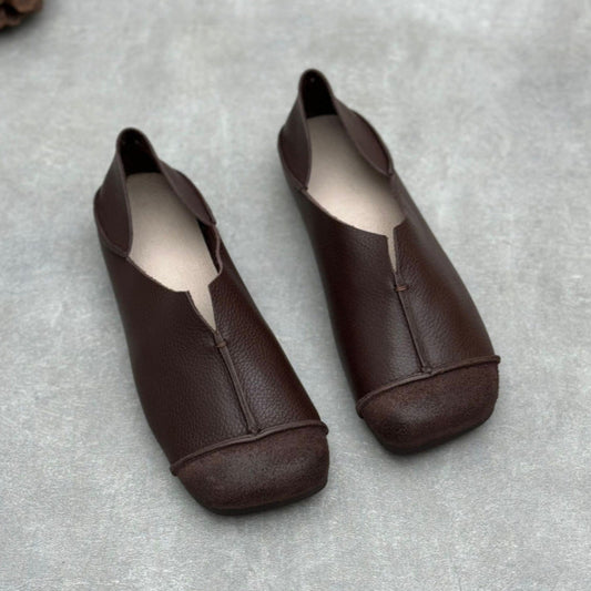 Women's Handmade Retro Square Toe Cowhide Deep-Vamp Flat Casual Shoes