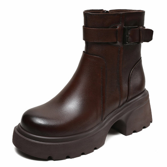 Women's Stylish Genuine Leather Platform Boots – Chunky Heel, Buckle & Side Zip