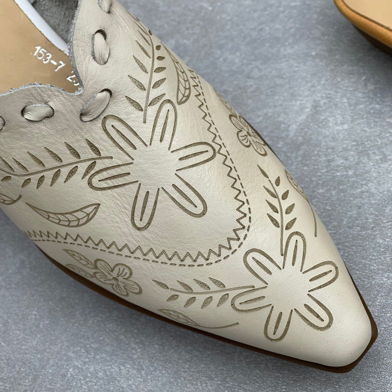 Women's Embossed Leather Mules – Vintage Bohemian Pointed-Toe Floral Slides