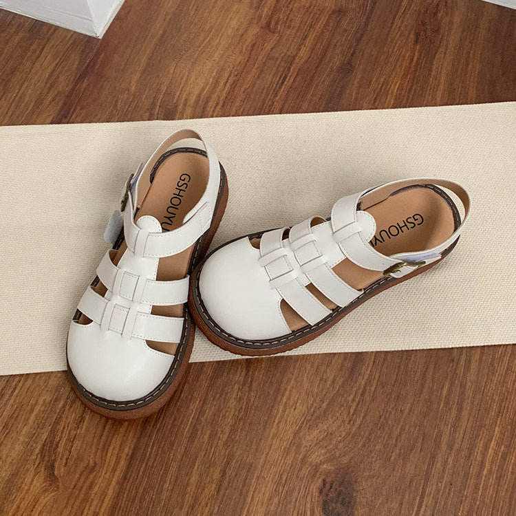 Women's Casual Closed-Toe Flat Roman Sandals with Velcro Straps