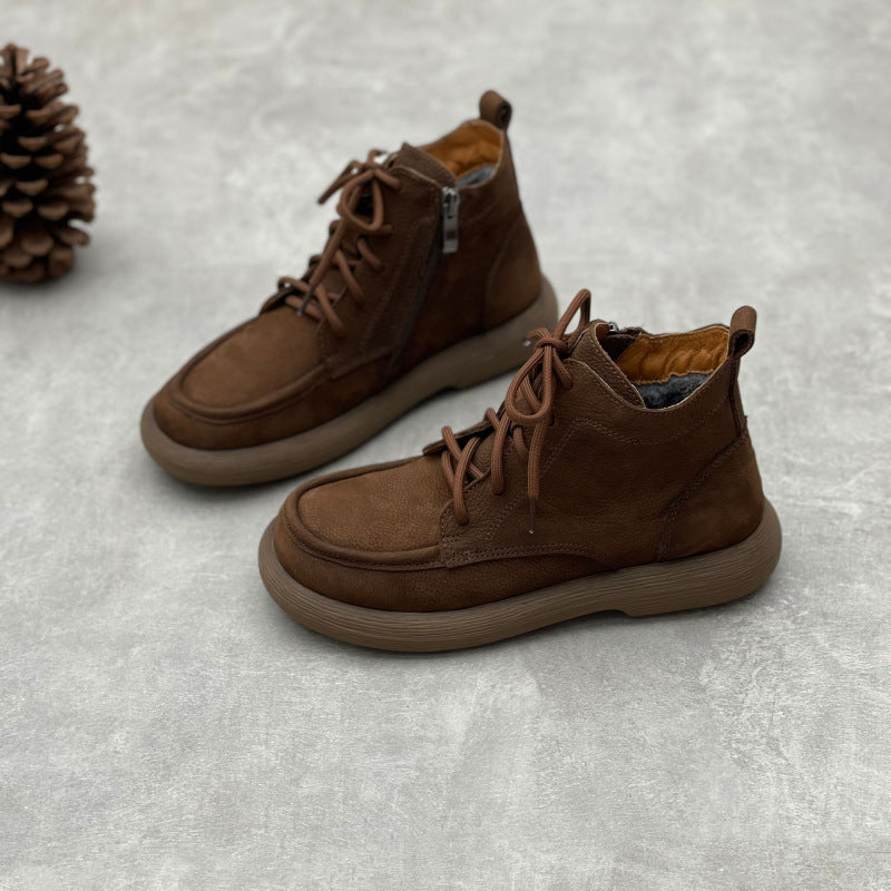 Women's Vintage Leather Lace-Up Zipper Ankle Boots – Flat Casual Comfort