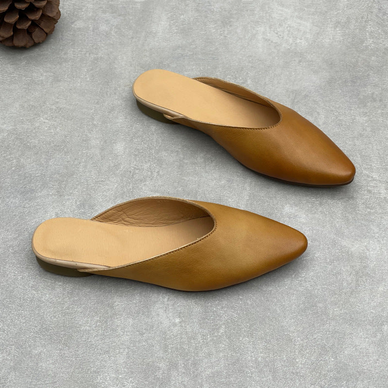Women's Pointed Toe Leather V-Cut Mules - Unlined Minimalist Flat Slides