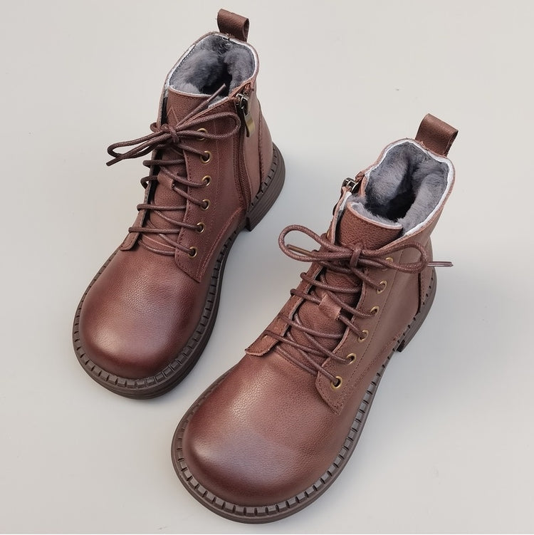 Women's Vintage Wide Toe Leather Shearling Boots – Cozy Winter Ankle Style