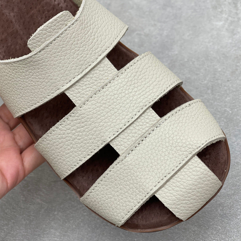 Artisanal Woven Leather Summer Slides - Minimalist Round Toe Cowhide Mules - Breathable Flat Footwear