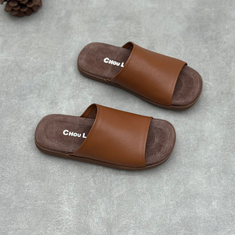 Women's Minimalist Pebbled Leather Mules - Luxury Raw-Cut Summer Slides