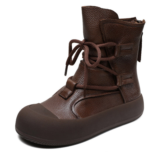 Women's Lace-Up Platform Boots – Genuine Leather Casual Back Zipper Boots