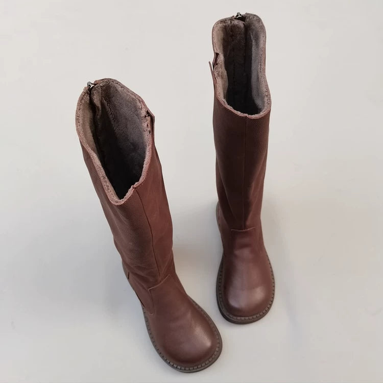 Women's Winter Fleece-lined Wide Toe Box Genuine Leather Knee High Boots British Style Riding Boots