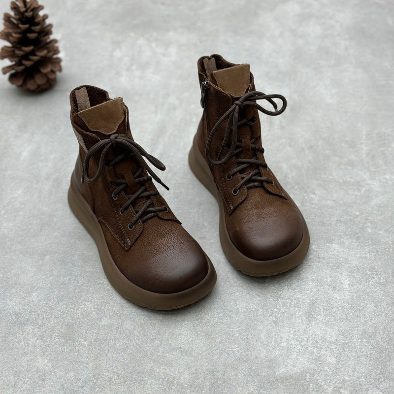 Women's Genuine Leather Vintage Casual Side Zipper Platform Ankle Boots