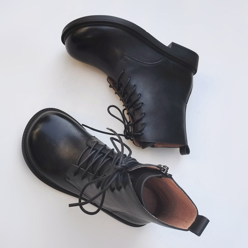 Women's Vintage Wide Toe Genuine Leather Ankle Boots – Handmade, Soft Sole, British Style