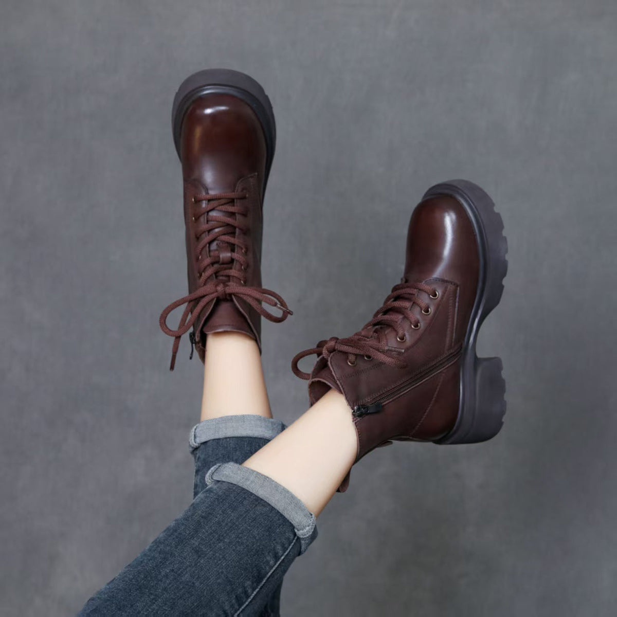 Women's Top-Grain Leather Ankle Boots Chunky Platform Block Heel Combat Booties