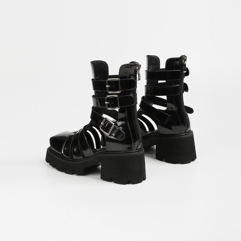 Women's Gladiator Platform Cyberpunk Patent Leather Platform Sandals - Gothic Multi-Strap High Heel Boots