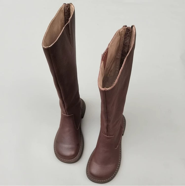 Women's Wide Toe Box Genuine Leather Knee High Boots British Style Riding Boots