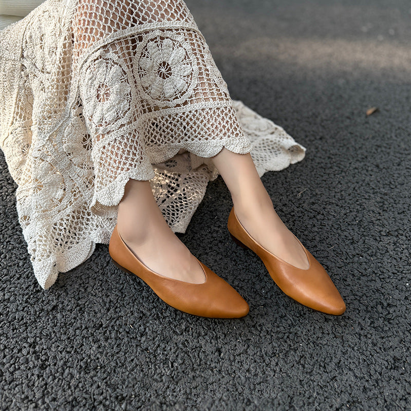Women's Premium Leather Ballet Flats - V-Cut Pointed Toe Shoes Lightweight Spring Summer Shoes