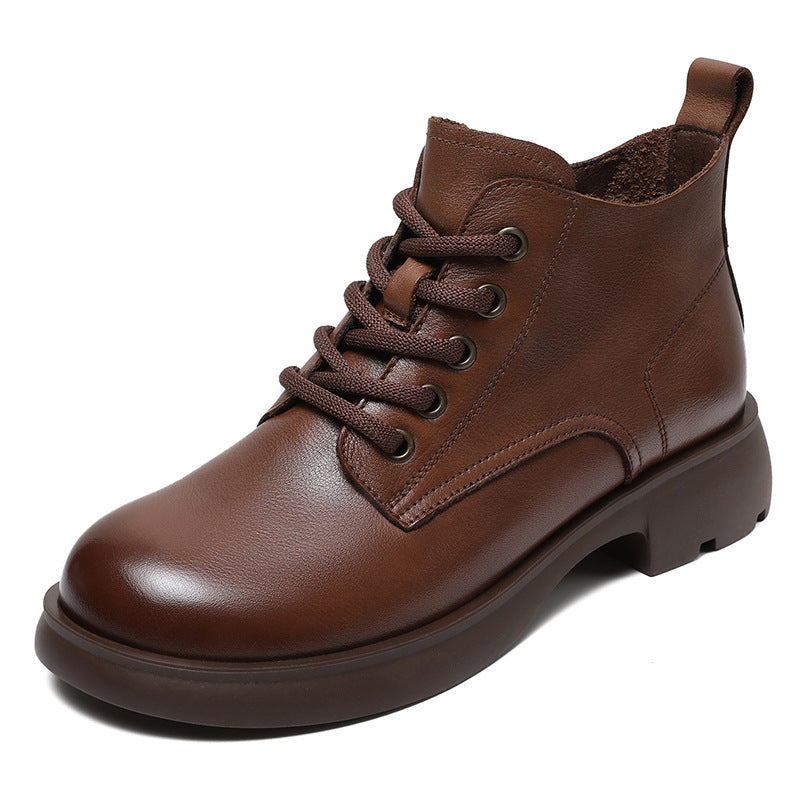 Women's Genuine Leather Casual Ankle Boots – Round Toe with Side Zipper
